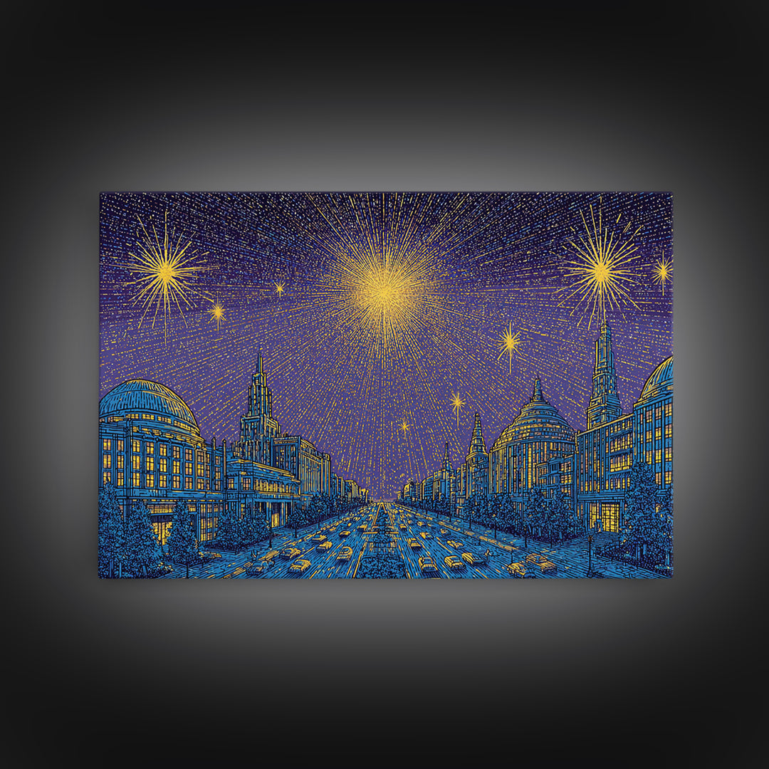 Golden Fireworks Over Retro City Skyline Wall Art, Mid Century Modern Poster, Blue Urban Landscape, Office Decor Print Gift