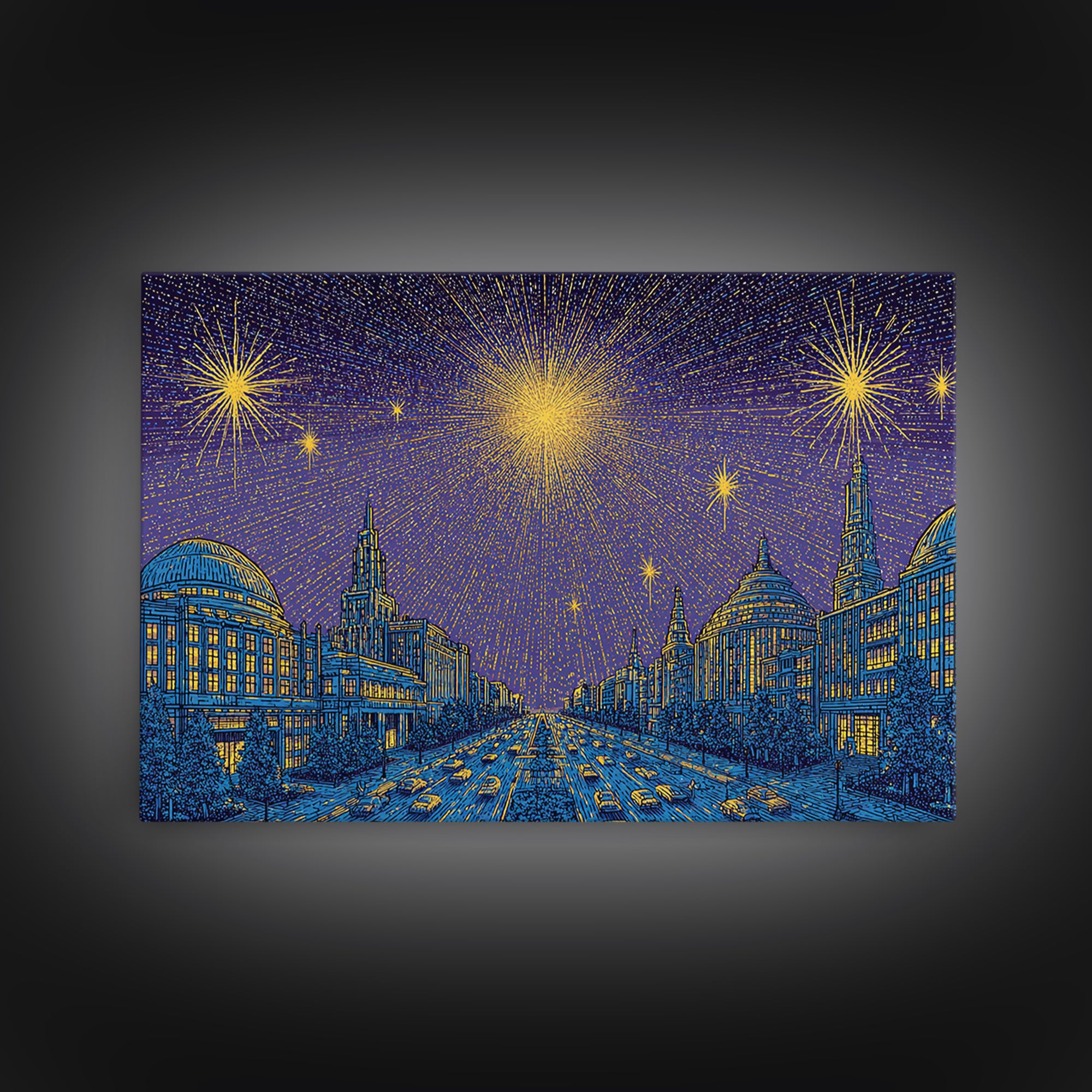 Golden Fireworks Over Retro City Skyline Wall Art, Mid Century Modern Poster, Blue Urban Landscape, Office Decor Print Gift