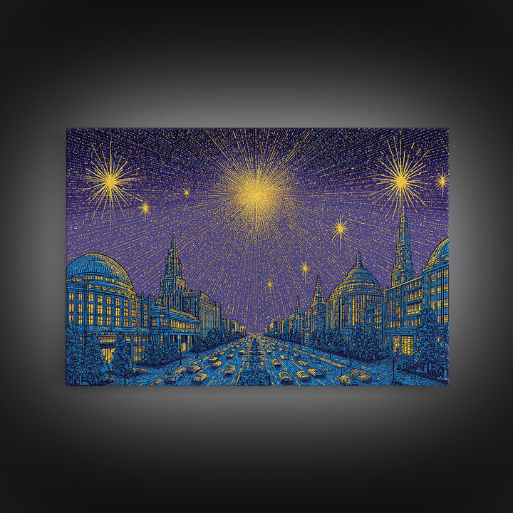 Golden Fireworks Over Retro City Skyline Wall Art, Mid Century Modern Poster, Blue Urban Landscape, Office Decor Print Gift