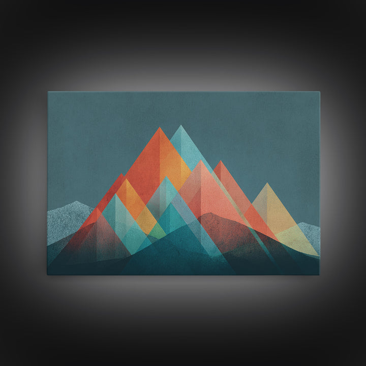 Transparent Geometric Mountain Peaks Canvas Print, Mid Century Modern Abstract Art, Teal Orange Wall Decor, Living Room Print