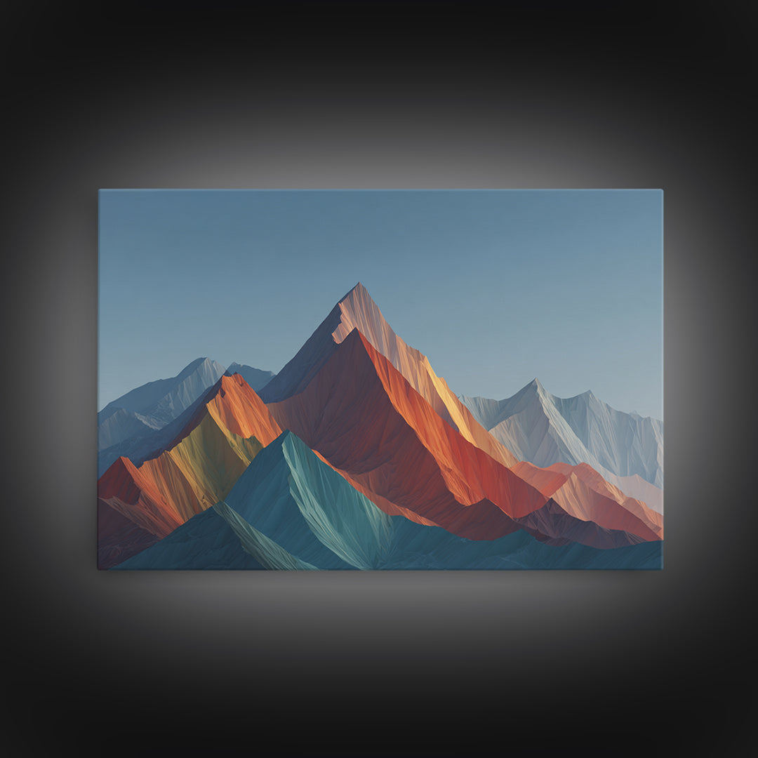 Faceted Rainbow Mountain Range Framed Canvas Print, Mid Century Modern Wall Art, Geometric Landscape, Bold Living Room Home Decor Print