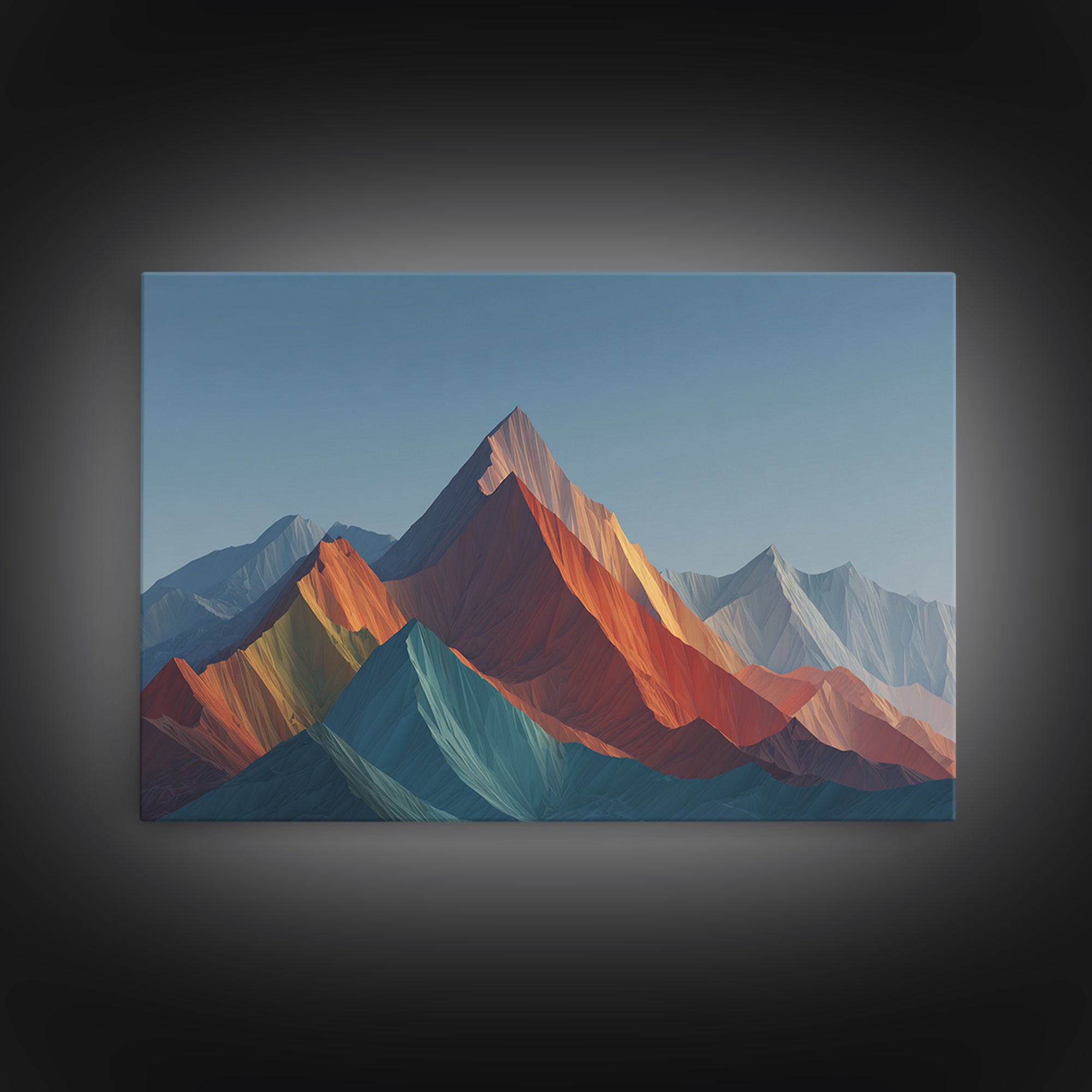 Faceted Rainbow Mountain Range Framed Canvas Print, Mid Century Modern Wall Art, Geometric Landscape, Bold Living Room Home Decor Print