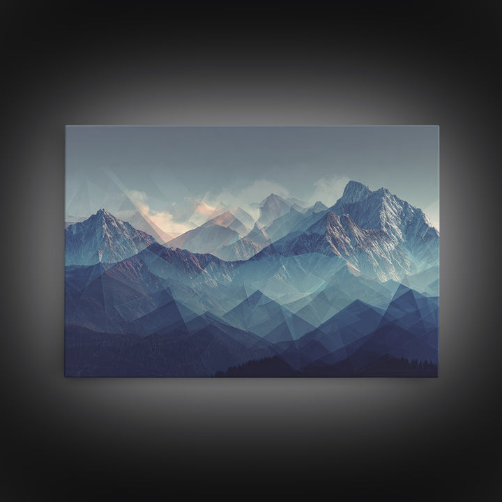 Misty Blue Polygon Mountain Vista Wall Art, Modern Abstract Landscape Print, Scandinavian Modern Decor, Bedroom Art Print