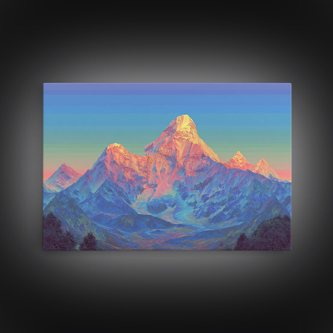 Pastel Himalayan Mountain Glow Canvas Print, Colorful Mid Century Modern Wall Art, Sunrise Landscape, Living Room Decor Print