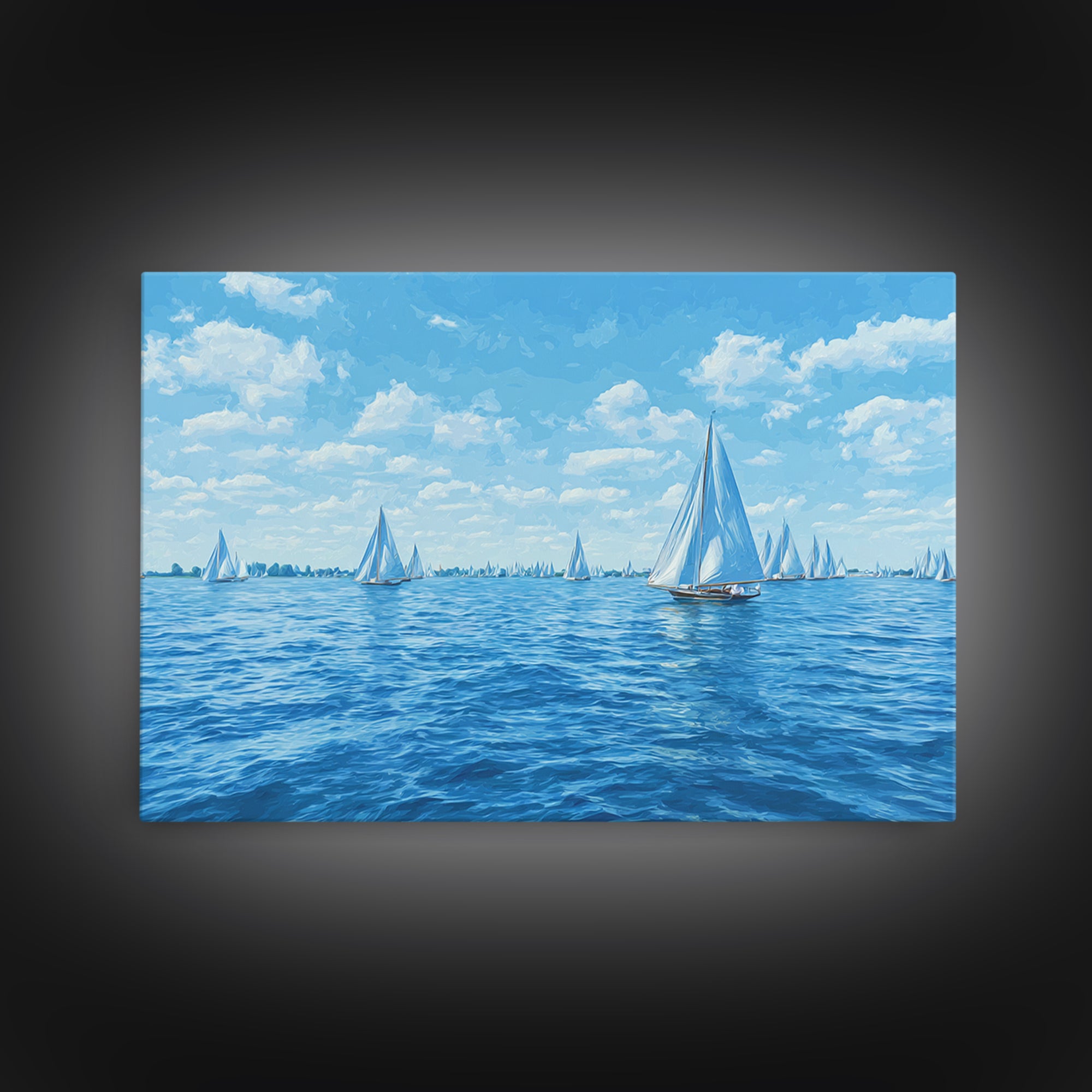 Blue Sailboats On Sparkling Summer Sea Wall Art, Coastal Modern Art Print, Nautical Decor, Beach House Living Room Poster