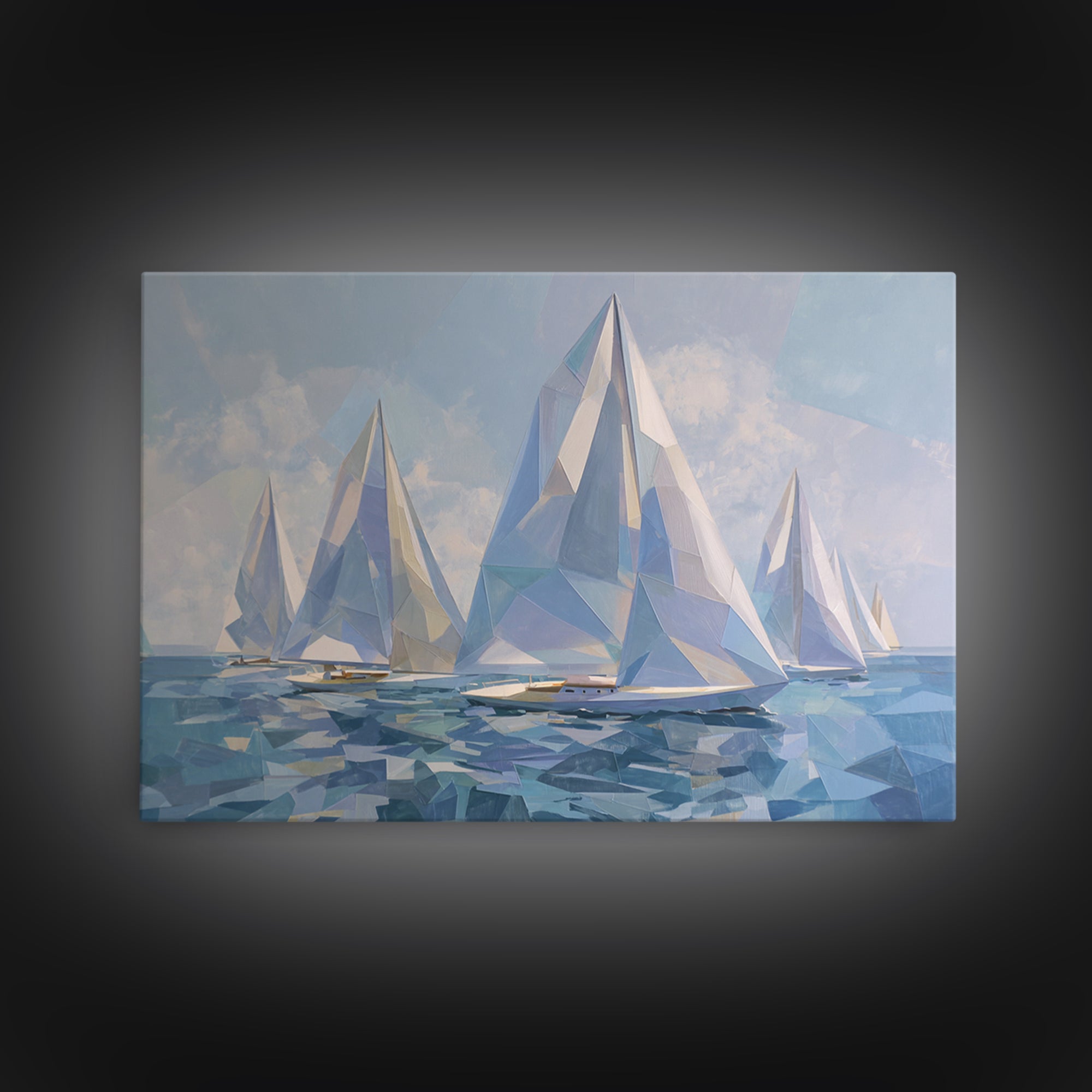 Crystal White Sailboats On Abstract Sea Framed Canvas Print, Modern Coastal Wall Art, Geometric Nautical Living Room Decor