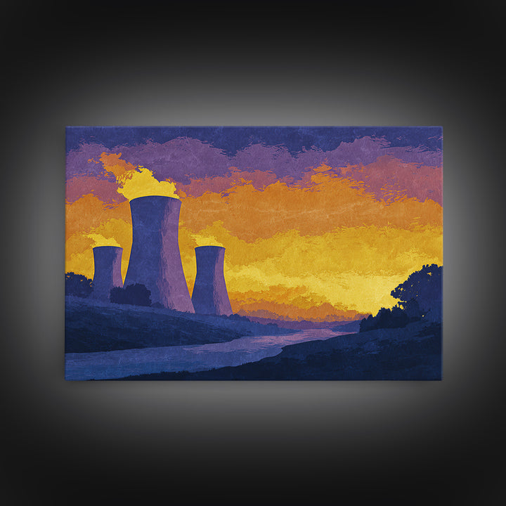 Purple Cooling Towers At Golden Sunset Wall Art, Retro Industrial Landscape Poster, Modern Wall Decor, Home Office Art Print