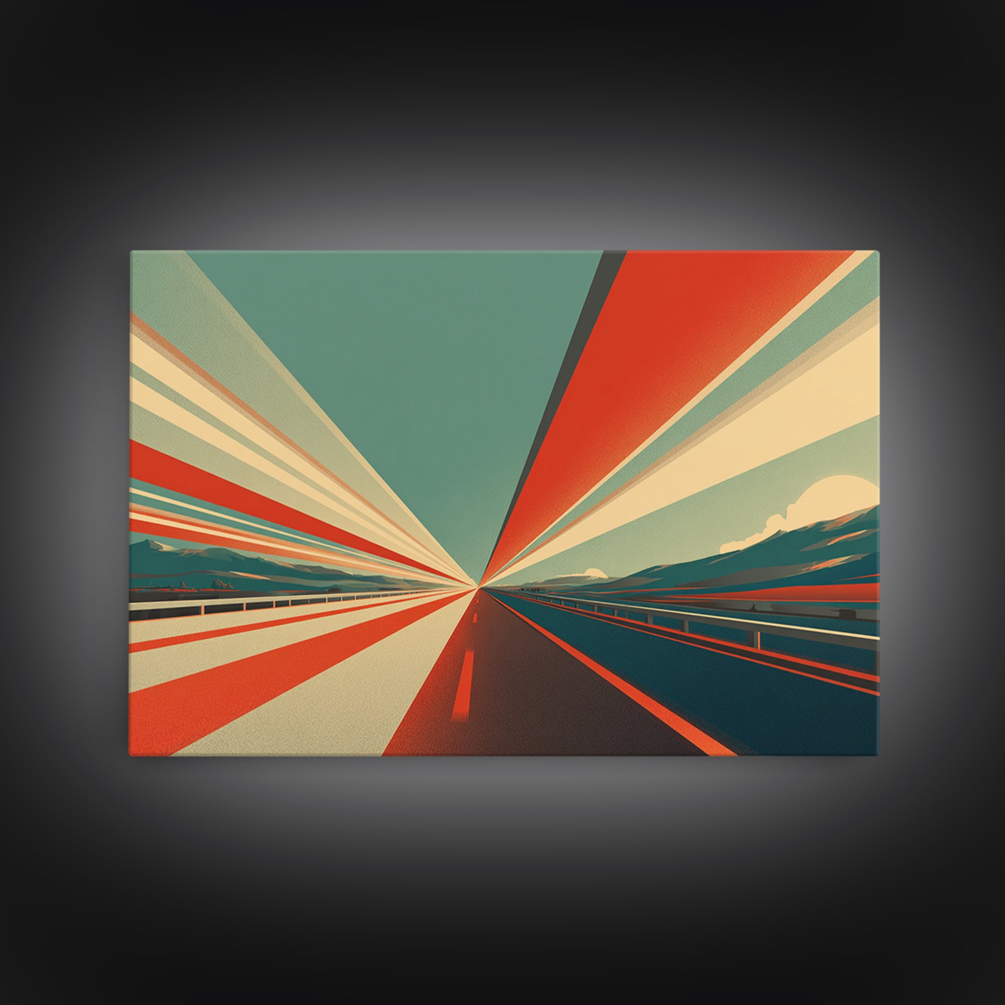 Retro Red Teal Highway Rays Canvas Print, Midcentury Modern Wall Art, Desert Road Poster, Bold Geometric Office Decor Print