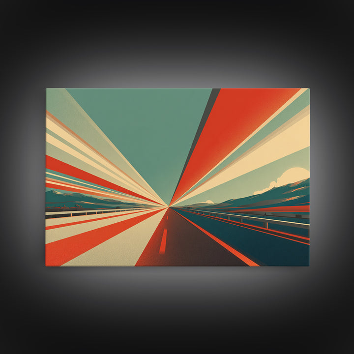 Retro Red Teal Highway Rays Canvas Print, Midcentury Modern Wall Art, Desert Road Poster, Bold Geometric Office Decor Print