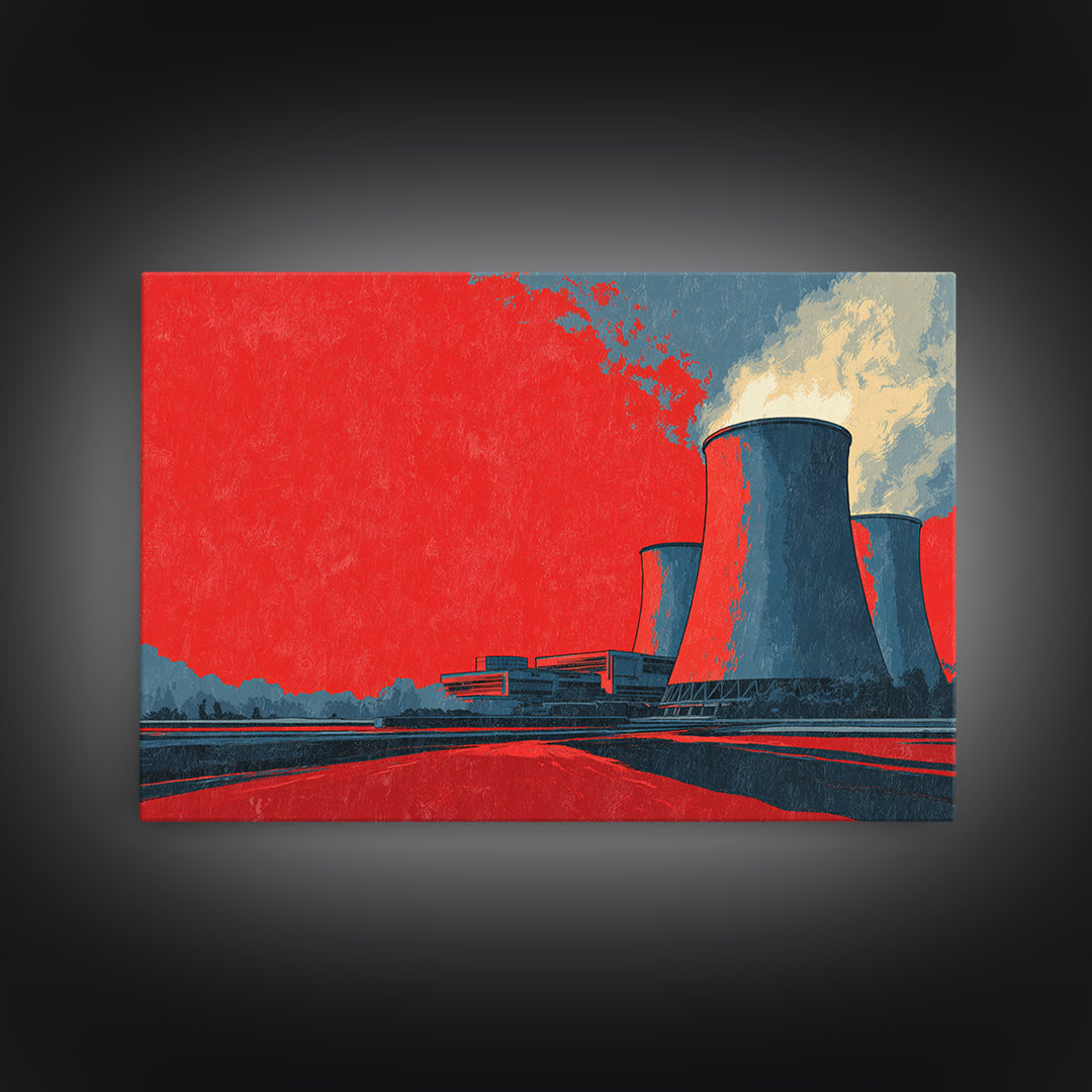 Red Industrial Cooling Tower Landscape Canvas Print, Atomic Retro Wall Art, Modern Architecture Decor, Bold Statement Poster