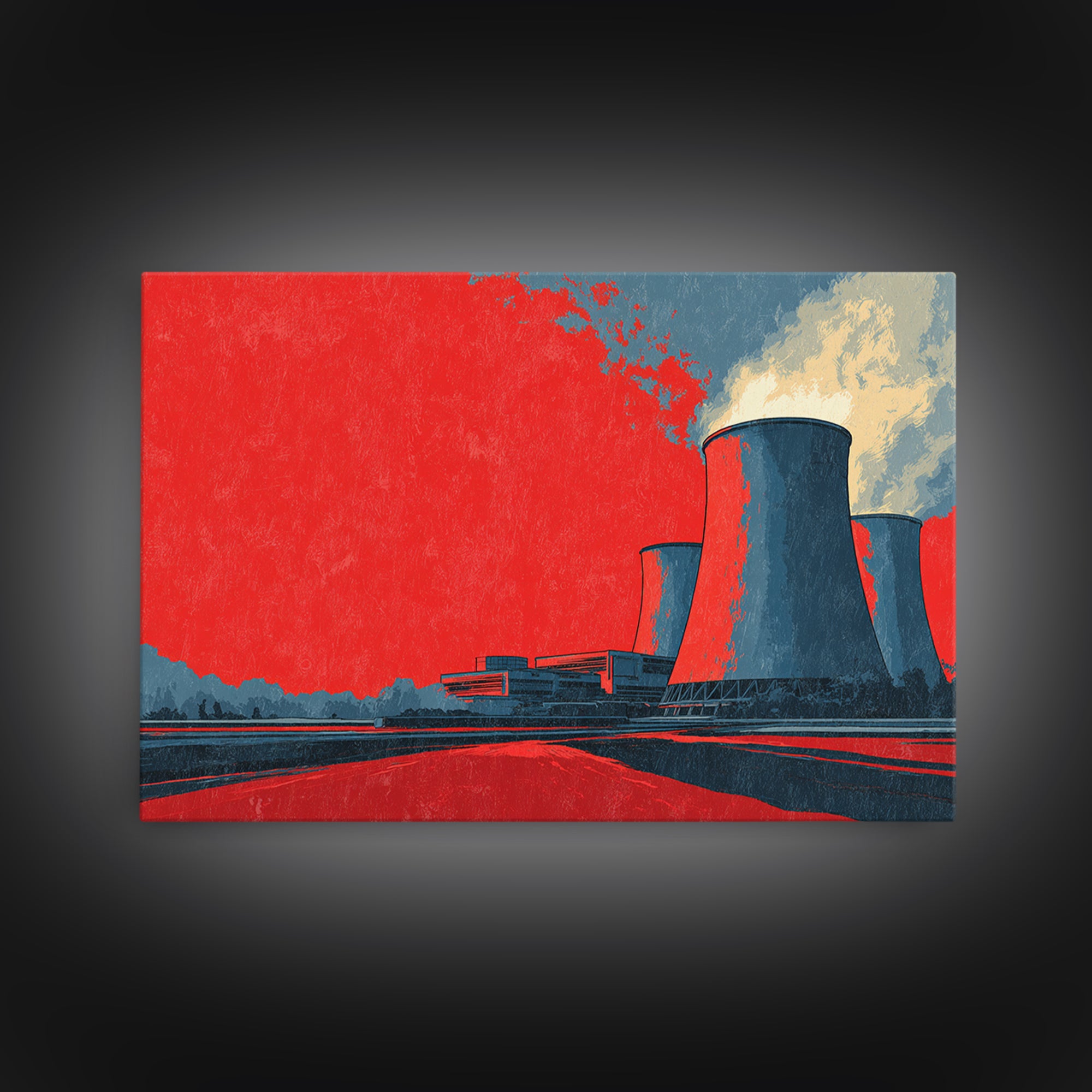 Red Industrial Cooling Tower Landscape Canvas Print, Atomic Retro Wall Art, Modern Architecture Decor, Bold Statement Poster