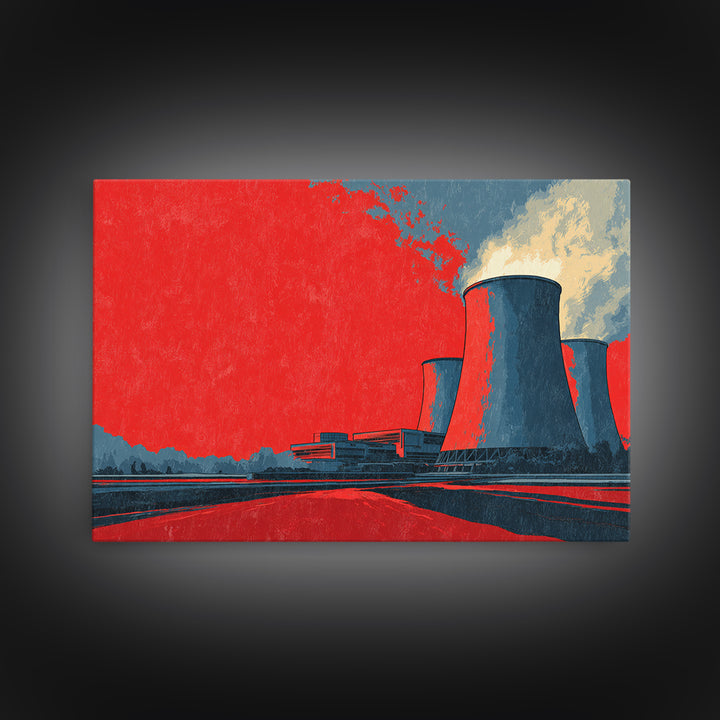 Red Industrial Cooling Tower Landscape Canvas Print, Atomic Retro Wall Art, Modern Architecture Decor, Bold Statement Poster