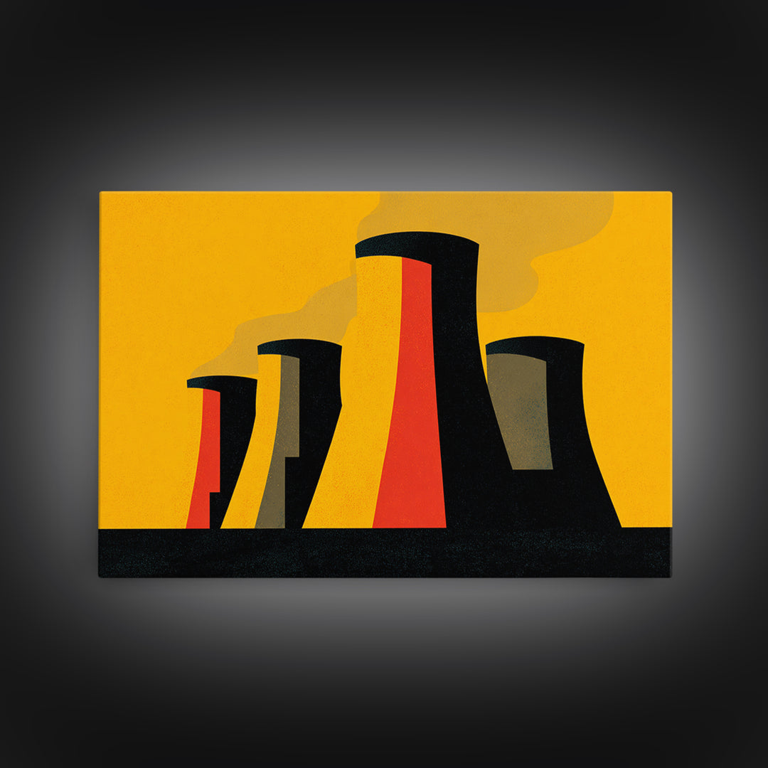 Graphic Cooling Towers At Sunset Wall Art, Midcentury Modern Art, Atomic Retro Poster, Orange Industrial Modern Wall Decor