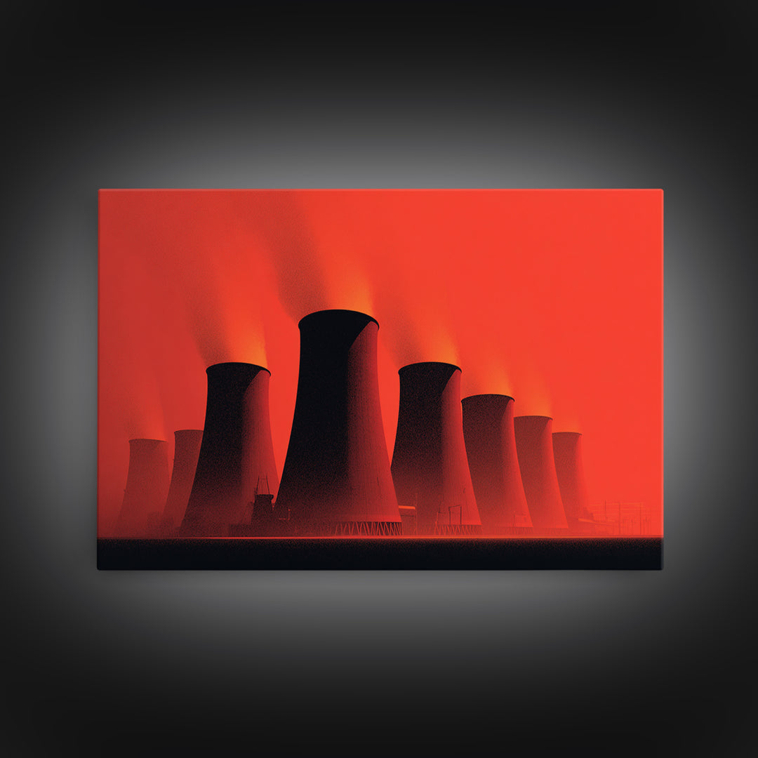 Red Nuclear Cooling Tower Silhouettes Canvas Print, Midcentury Modern Art, Retro Wall Art, Bold Orange Modern Home Decor