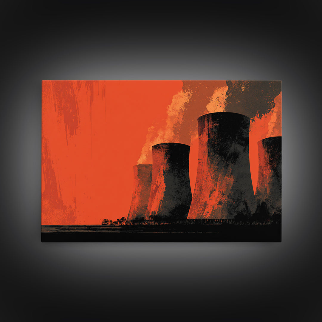 Smoky Cooling Towers In Orange Haze Framed Canvas Print, Midcentury Modern Art, Retro Wall Art, Moody Industrial Home Decor