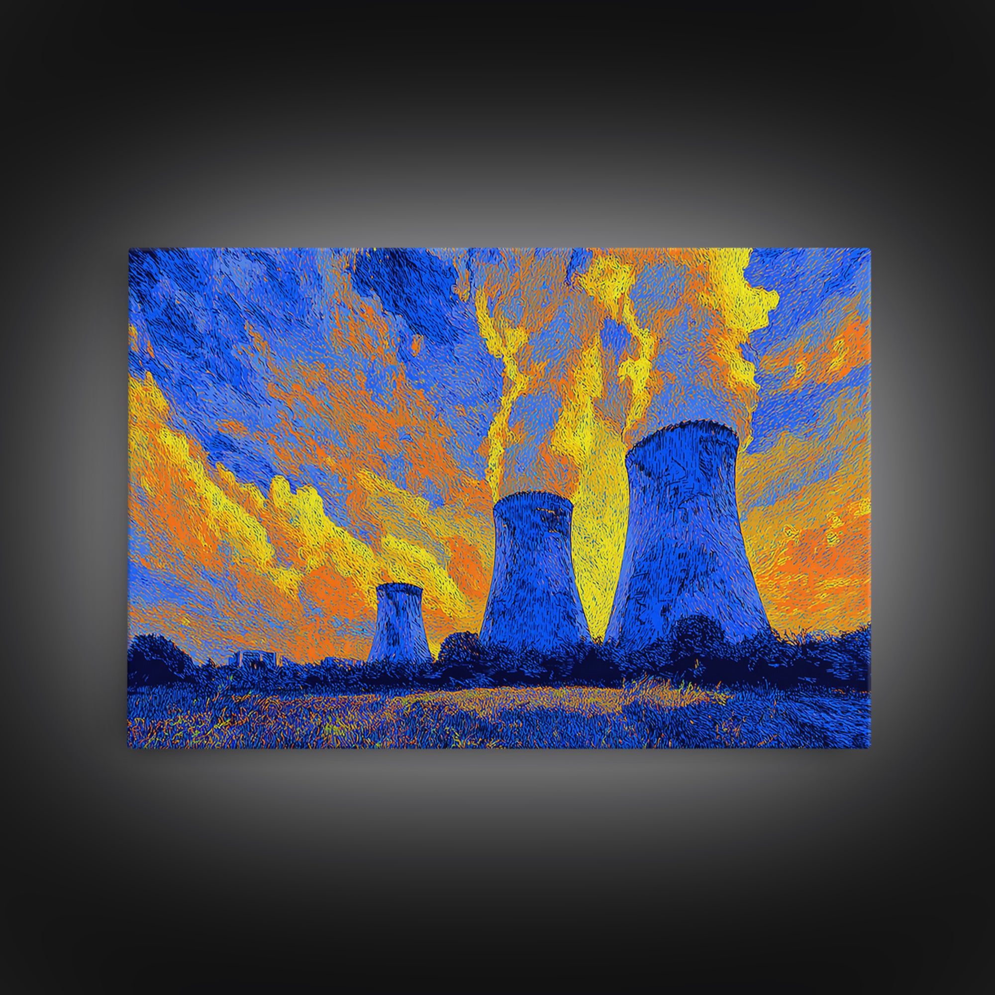 Blue Nuclear Cooling Towers Under Yellow Sky Wall Art, Bright Abstract Art, Midcentury Modern Poster, Colorful Modern Decor