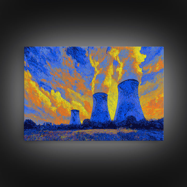 Blue Nuclear Cooling Towers Under Yellow Sky Wall Art, Bright Abstract Art, Midcentury Modern Poster, Colorful Modern Decor
