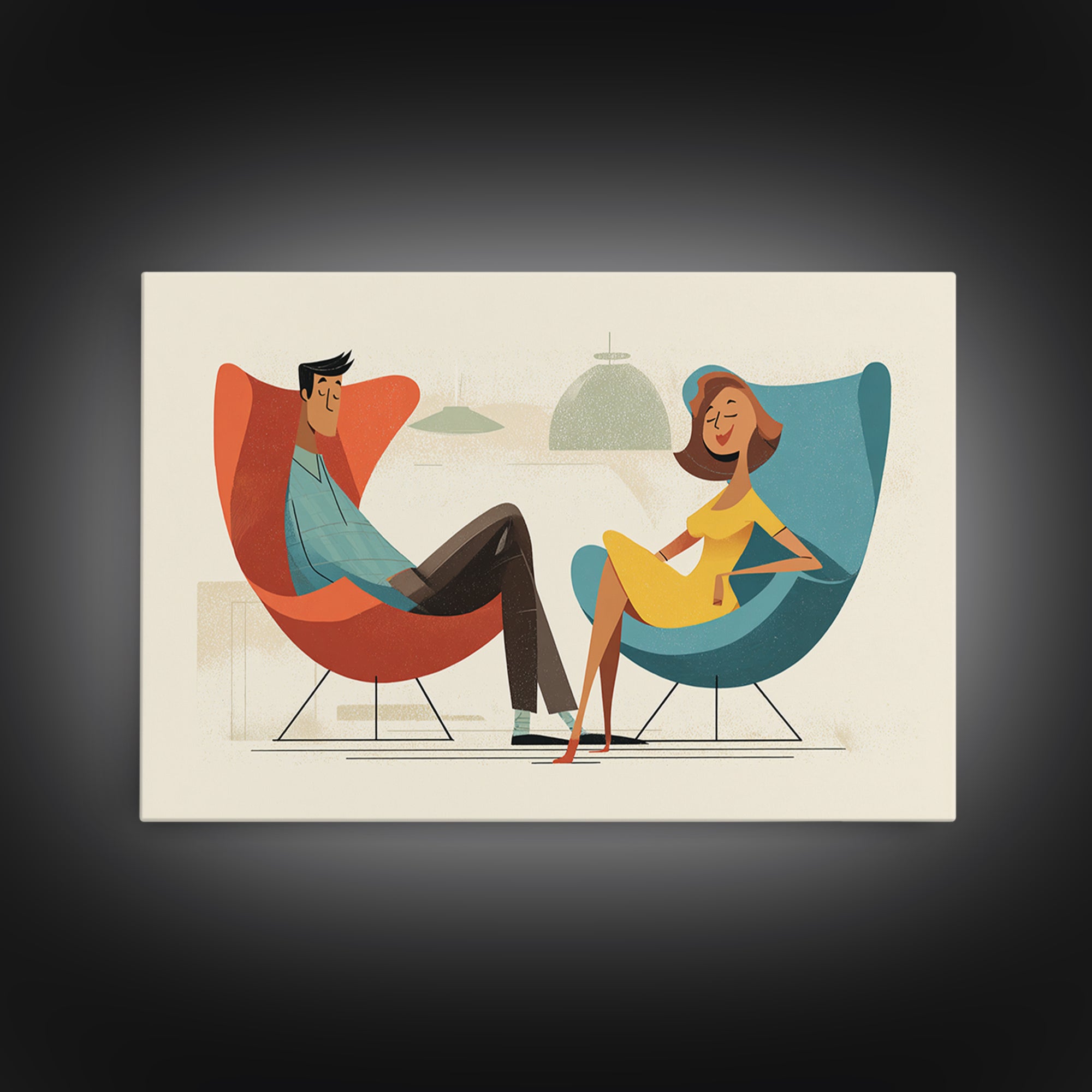 Stylish Couple In Egg Chairs Canvas Print, Midcentury Modern Art, Retro Wall Art, Atomic Lounge Decor, Colorful Home Print