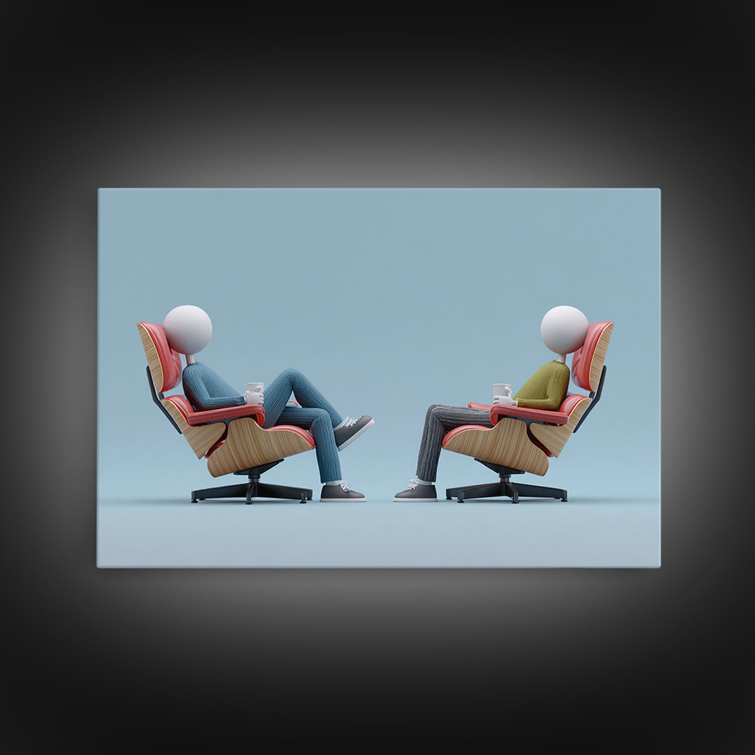 Faceless Figures In Retro Lounge Chairs Framed Canvas Print, Midcentury Modern Art, Minimalist Wall Art, Blue Office Decor