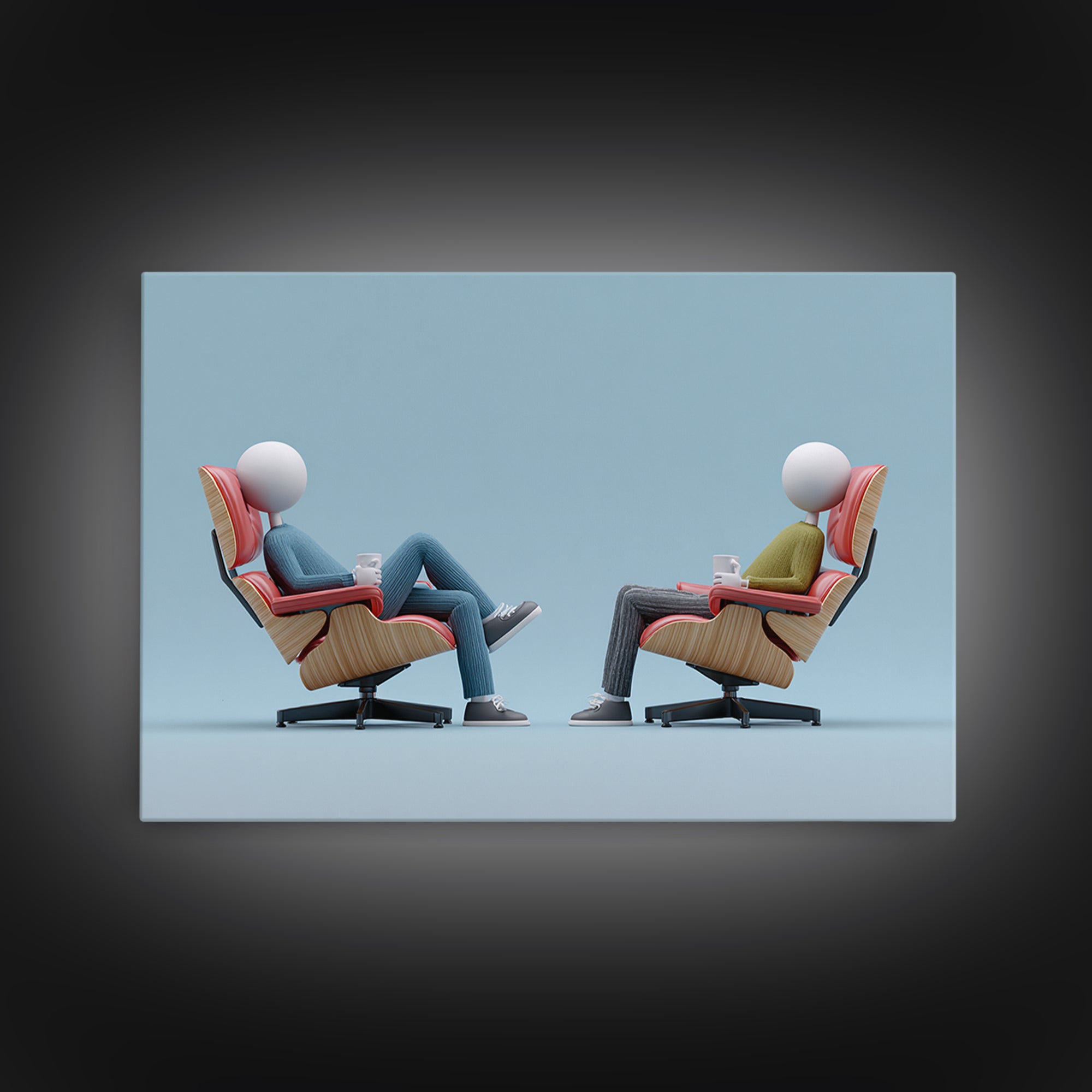 Faceless Figures In Retro Lounge Chairs Framed Canvas Print, Midcentury Modern Art, Minimalist Wall Art, Blue Office Decor