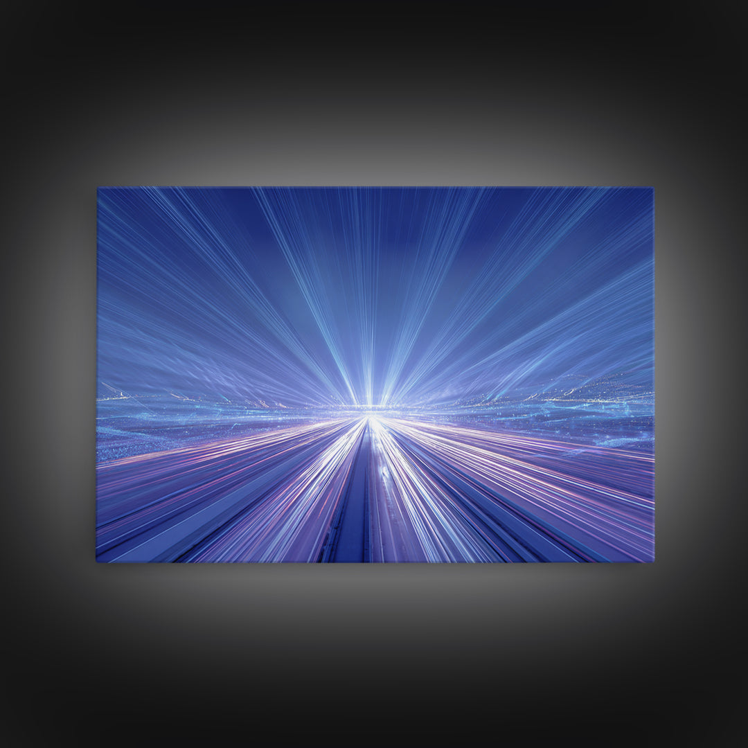 Electric Blue Light Trail Framed Canvas Print, Modern Abstract Art, Futuristic Highway Wall Decor, Sci Fi Office Poster Print