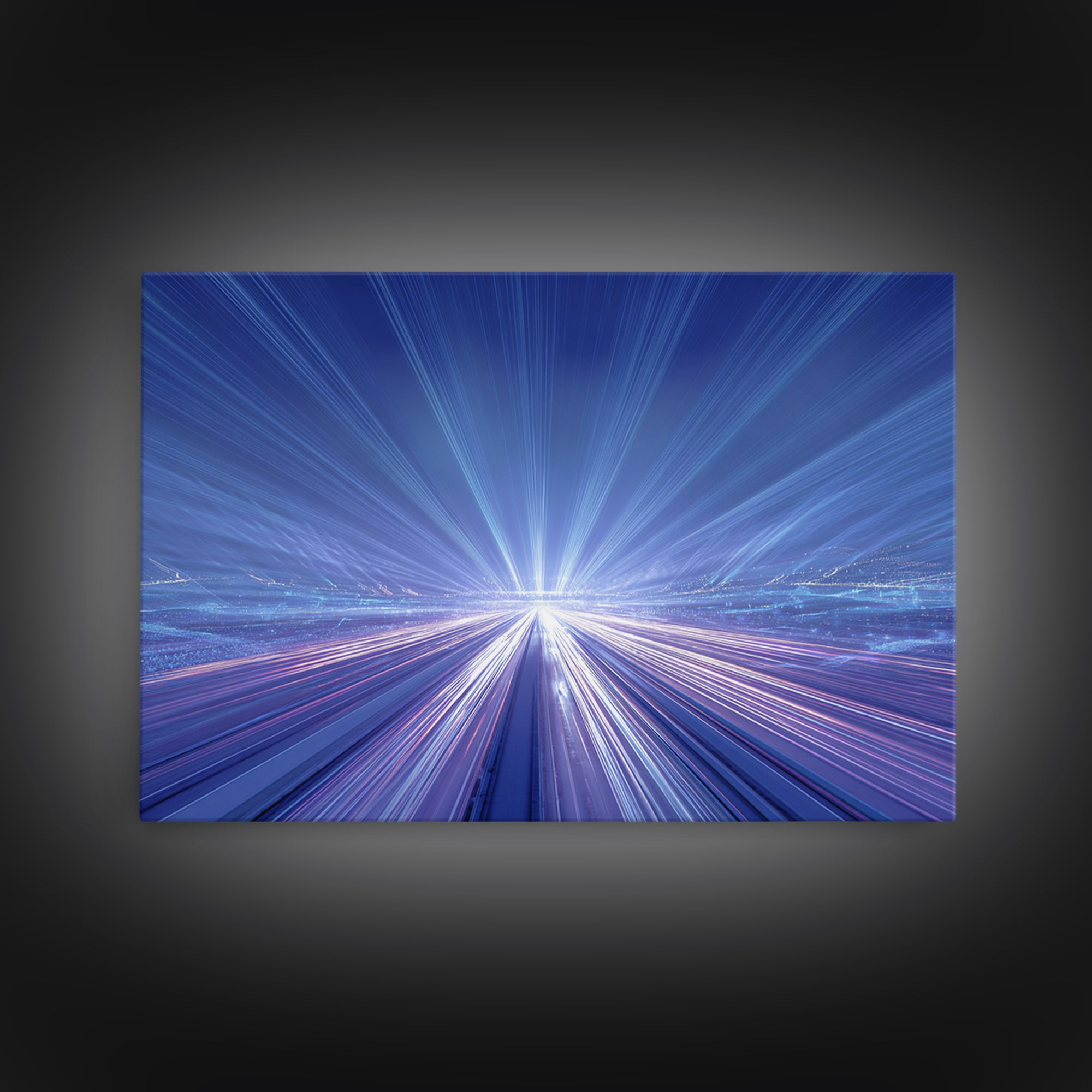 Electric Blue Light Trail Framed Canvas Print, Modern Abstract Art, Futuristic Highway Wall Decor, Sci Fi Office Poster Print