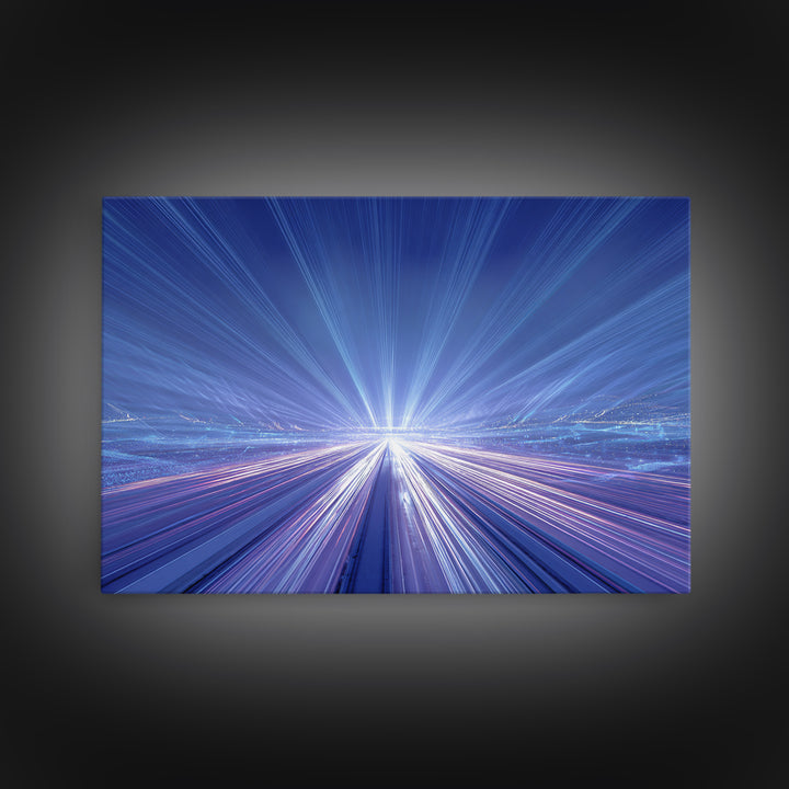 Electric Blue Light Trail Framed Canvas Print, Modern Abstract Art, Futuristic Highway Wall Decor, Sci Fi Office Poster Print