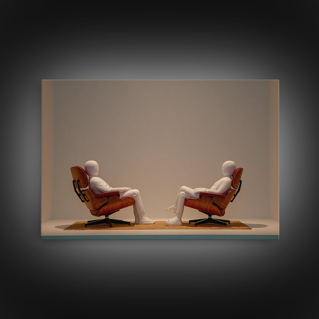 Minimal Figures Facing In Lounge Chairs Canvas Print, Midcentury Modern Art, Retro Wall Art, Neutral Modern Home Decor Print