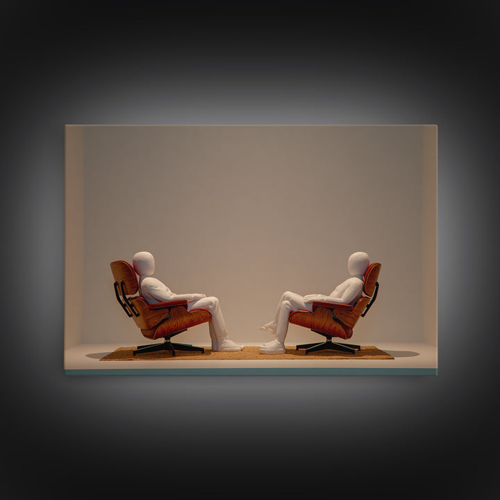 Minimal Figures Facing In Lounge Chairs Canvas Print, Midcentury Modern Art, Retro Wall Art, Neutral Modern Home Decor Print