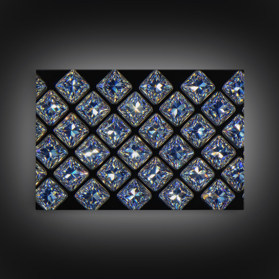Blue Square Diamond Grid Canvas Print, Sparkling Geometric Wall Art, Modern Glam Decor, Black Luxury Poster, Gift For Her