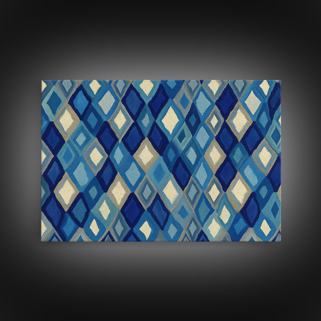 Blue Diamond Textile Pattern Wall Art, Geometric Modern Decor, Scandinavian Canvas Print, Coastal Abstract Poster For Home