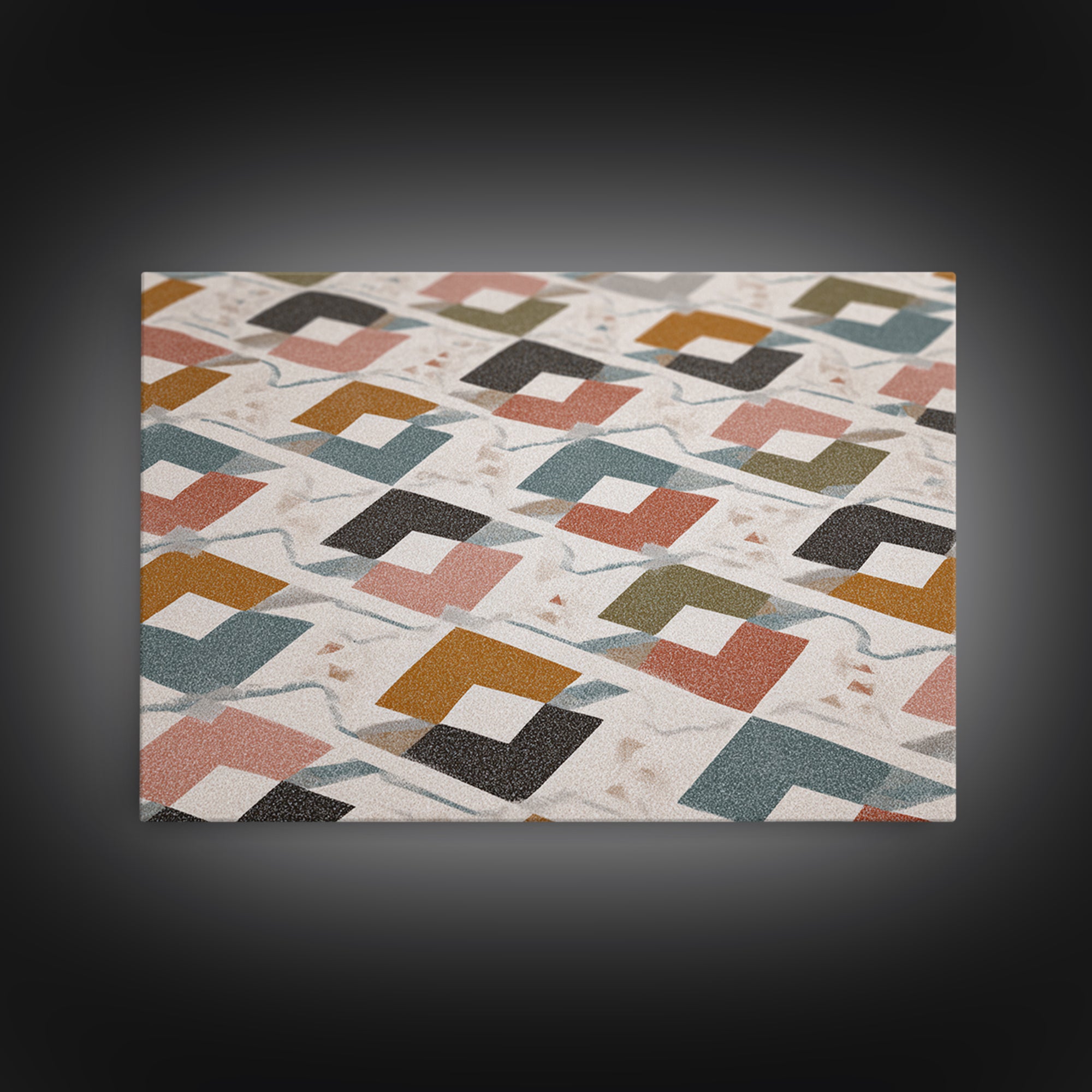 Retro Interlocking Square Pattern Wall Art, Mid Century Modern Decor, Geometric Canvas Print, Muted Color Textile Poster
