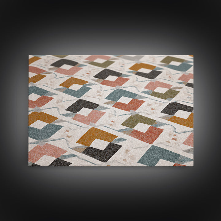 Retro Interlocking Square Pattern Wall Art, Mid Century Modern Decor, Geometric Canvas Print, Muted Color Textile Poster