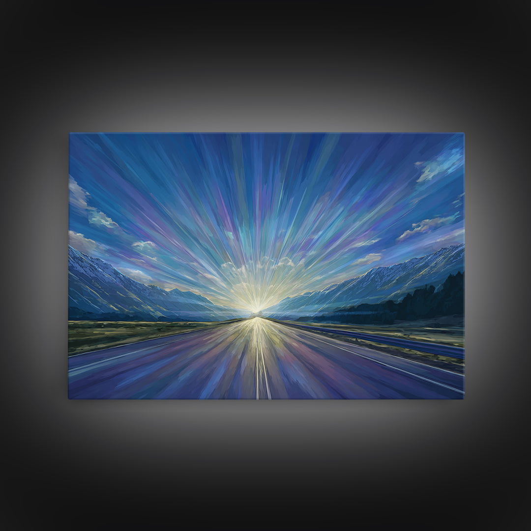 Mountain Sunrise Road Light Wall Art, Modern Landscape Print, Blue Scenic Office Decor, Contemporary Nature Home Decor Gift