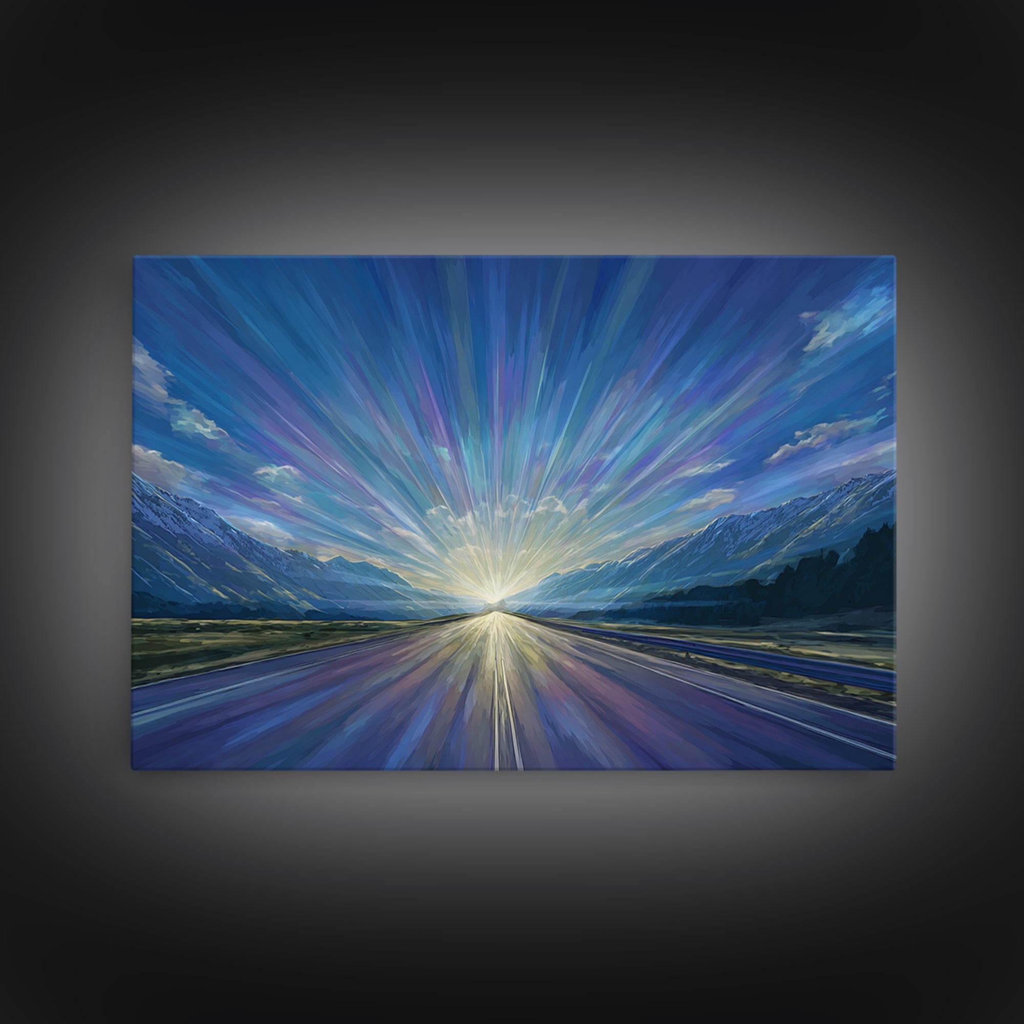 Mountain Sunrise Road Light Wall Art, Modern Landscape Print, Blue Scenic Office Decor, Contemporary Nature Home Decor Gift