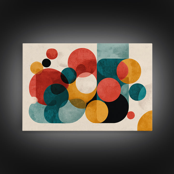 Red Teal Mustard Circle Wall Art, Midcentury Abstract Canvas Print, Geometric Shapes Art, Modern Home Decor, Office Decor