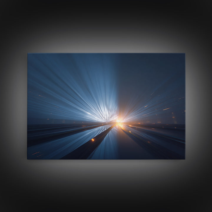 Dark Blue Highway Light Burst Canvas Print, Modern Abstract Art, Futuristic Wall Decor, Masculine Office Poster Print Gift