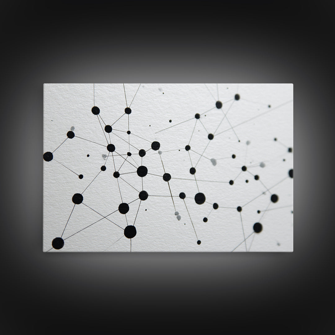 Black Molecular Network Canvas Print, Minimalist Geometric Wall Art, Modern Abstract Art, Science Office Decor, Monochrome Poster