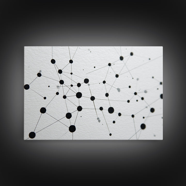 Black Molecular Network Canvas Print, Minimalist Geometric Wall Art, Modern Abstract Art, Science Office Decor, Monochrome Poster