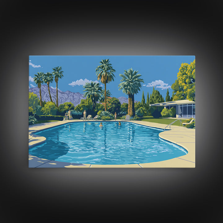 Palm Springs Swimming Pool Framed Canvas Print, Mid Century Modern Wall Art, California Travel Poster, Retro Home Decor Print