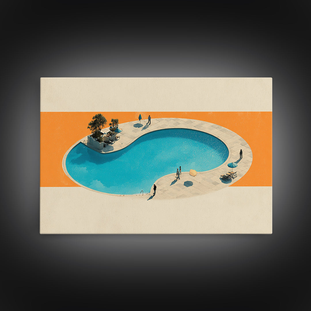 Aerial Kidney Pool With Orange Field Wall Art, Mid Century Modern Canvas Print, Minimalist Retro Home Decor, Pool Poster
