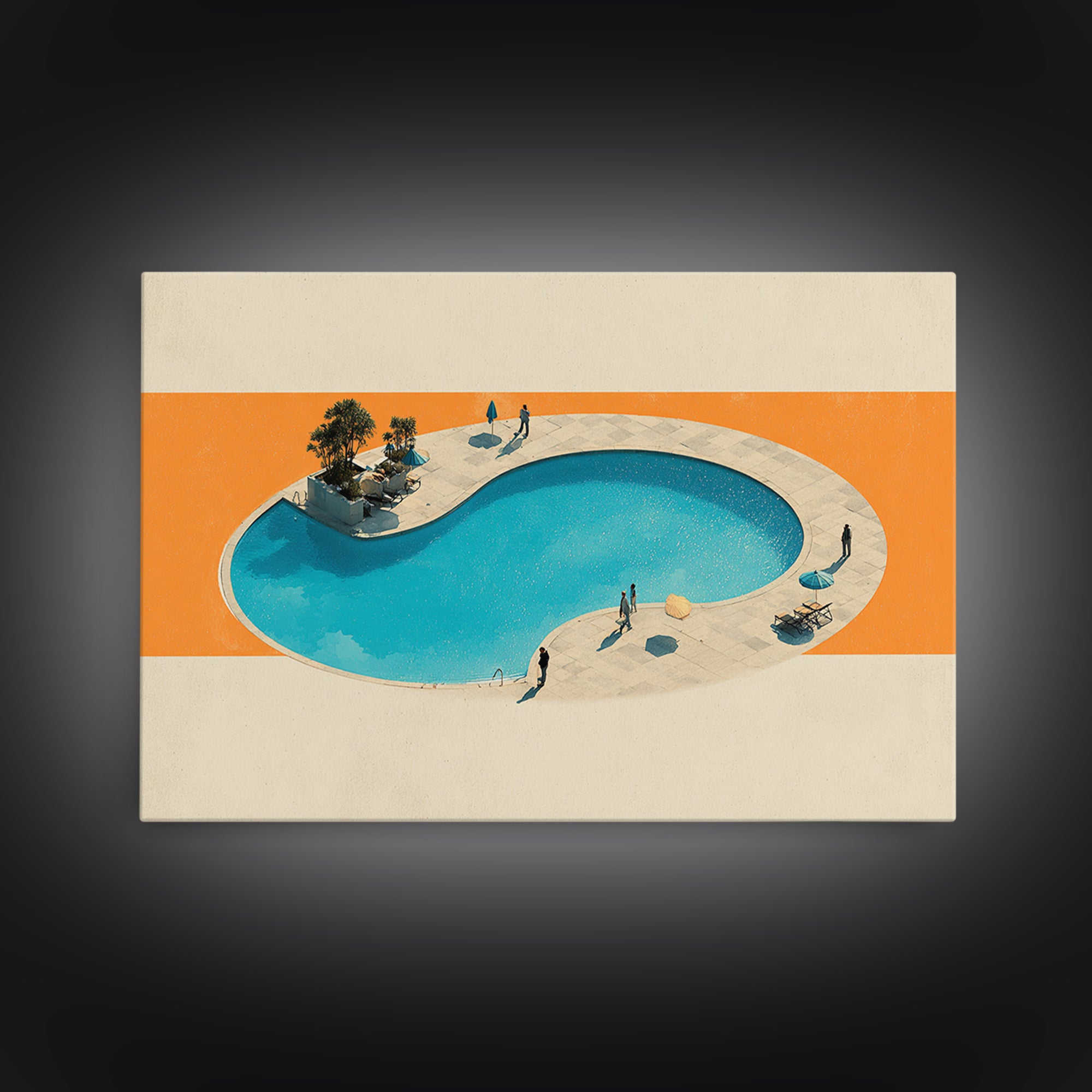 Aerial Kidney Pool With Orange Field Wall Art, Mid Century Modern Canvas Print, Minimalist Retro Home Decor, Pool Poster