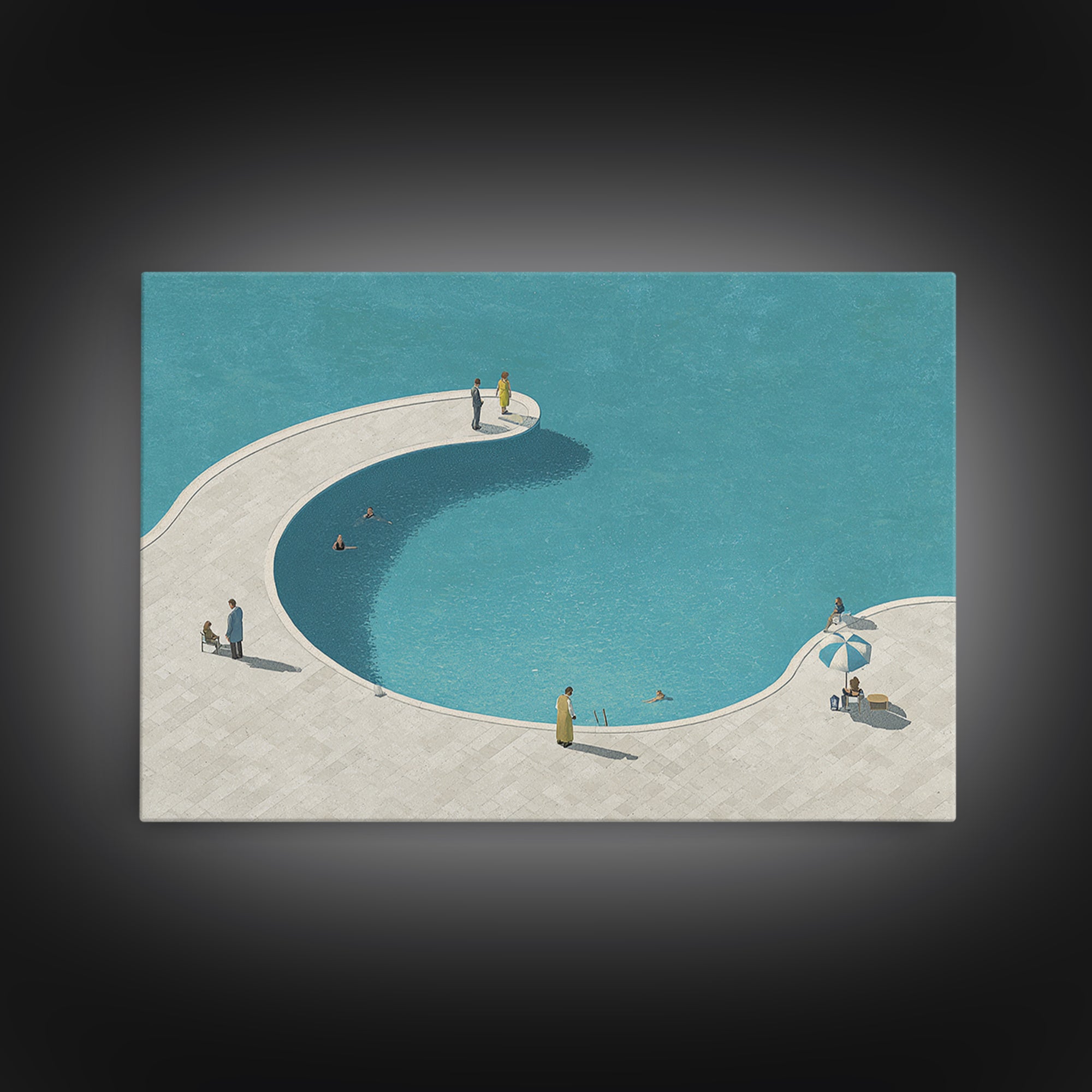 Minimal Curved Pool And Sunbathers Canvas Print, Mid Century Modern Wall Art, Blue Abstract Decor, Retro Summer Poster Print