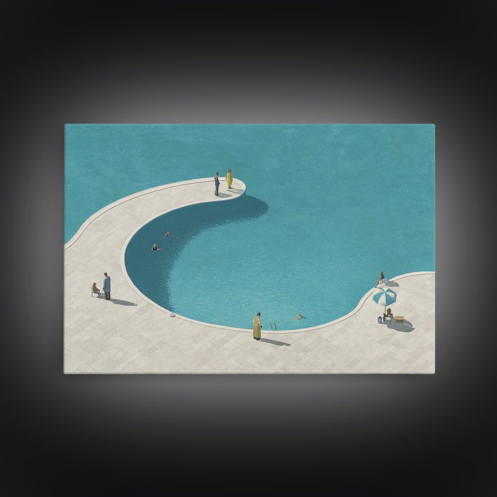 Minimal Curved Pool And Sunbathers Canvas Print, Mid Century Modern Wall Art, Blue Abstract Decor, Retro Summer Poster Print