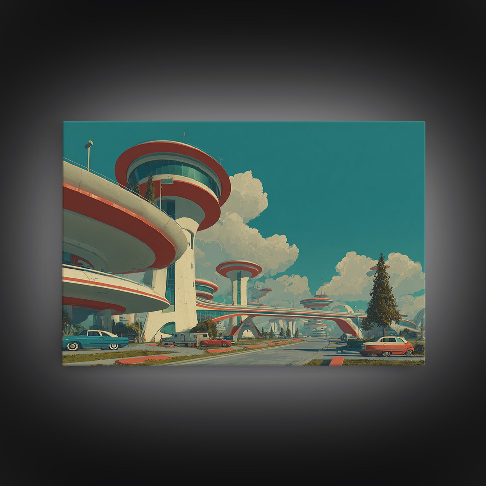 Futuristic Atomic City With Flying Saucer Framed Canvas Print, Mid Century Modern Wall Art, Retro Sci Fi Poster Decor Print
