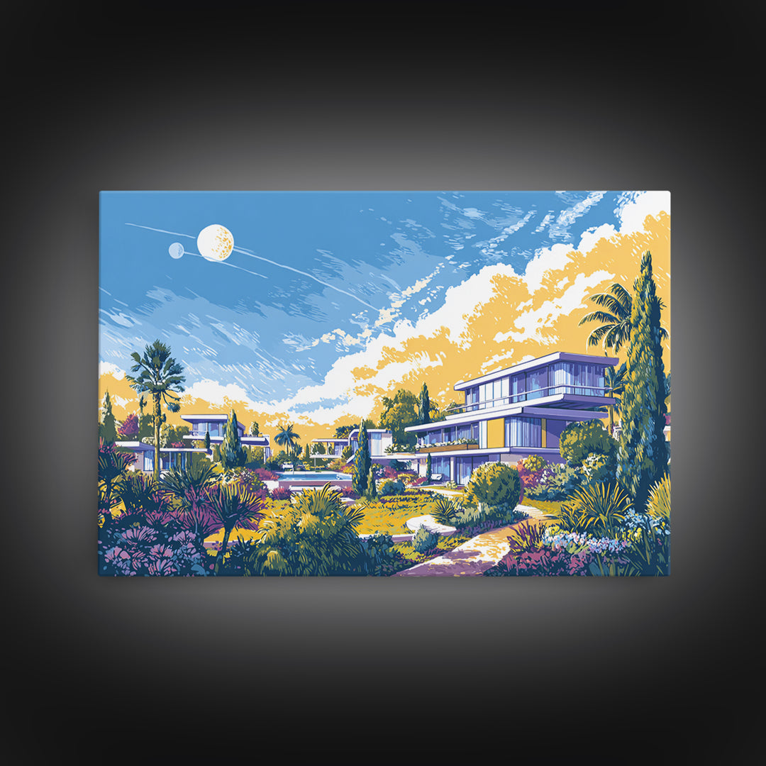 Modernist Garden Homes And Celestial Sky Canvas Print, Mid Century Modern Wall Art, Architectural Landscape Home Decor Poster