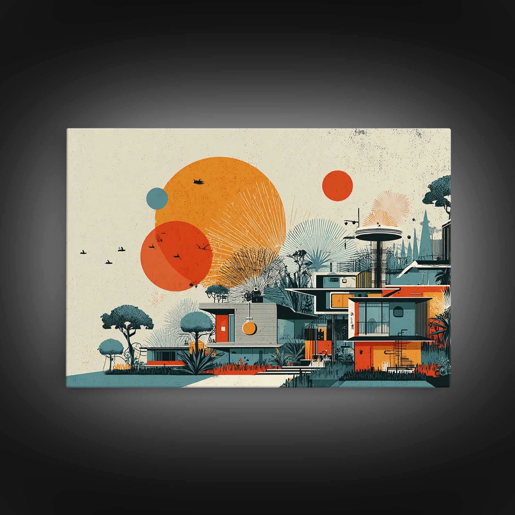 Orange Sun Modernist House And Birds Wall Art, Mid Century Modern Canvas Print, Atomic Desert Architecture Decor Poster Print