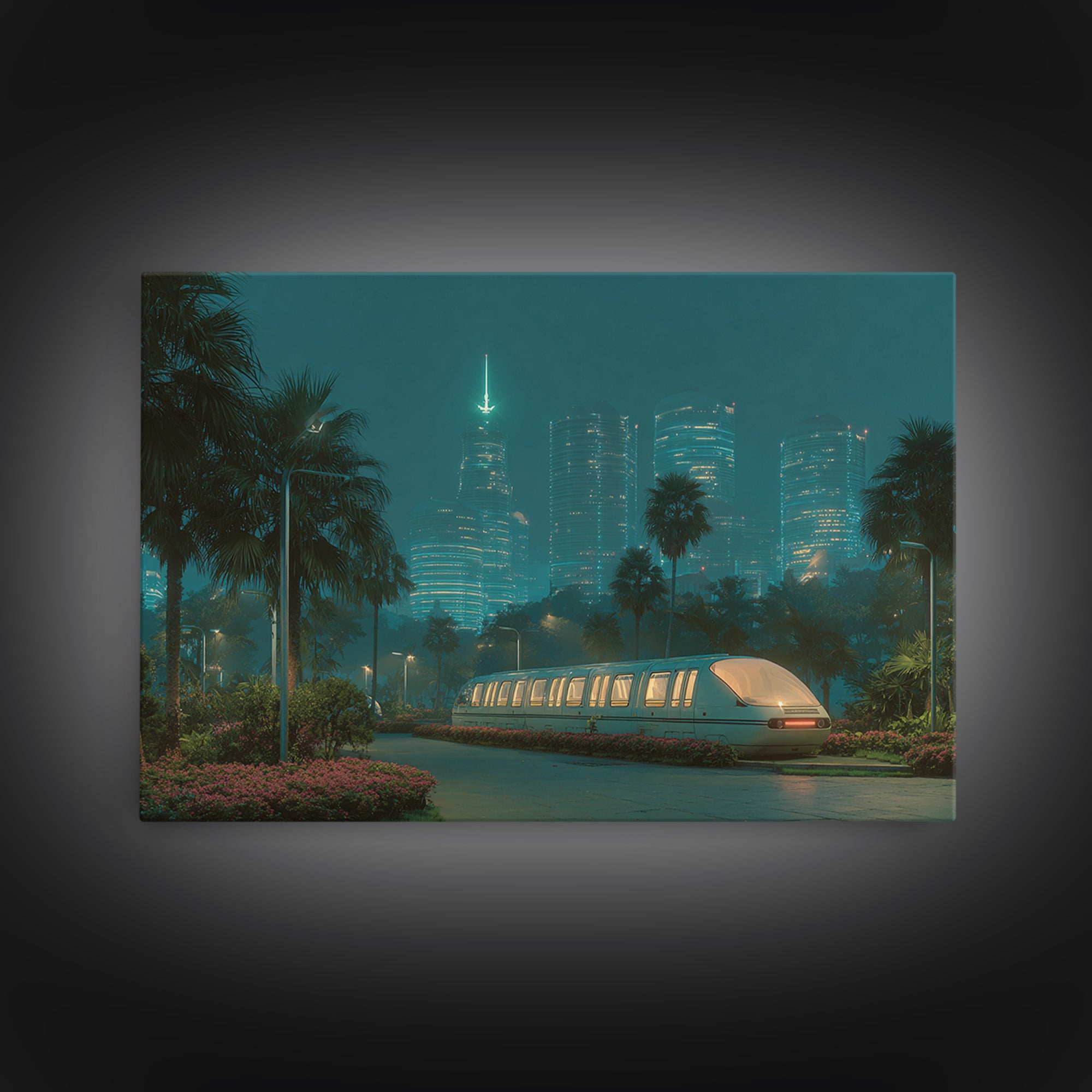 Neon Palm Monorail Futuristic Night City Wall Art, Retro Sci Fi Skyline, Teal Urban Decor, Modern Digital Art Print, For Living Room