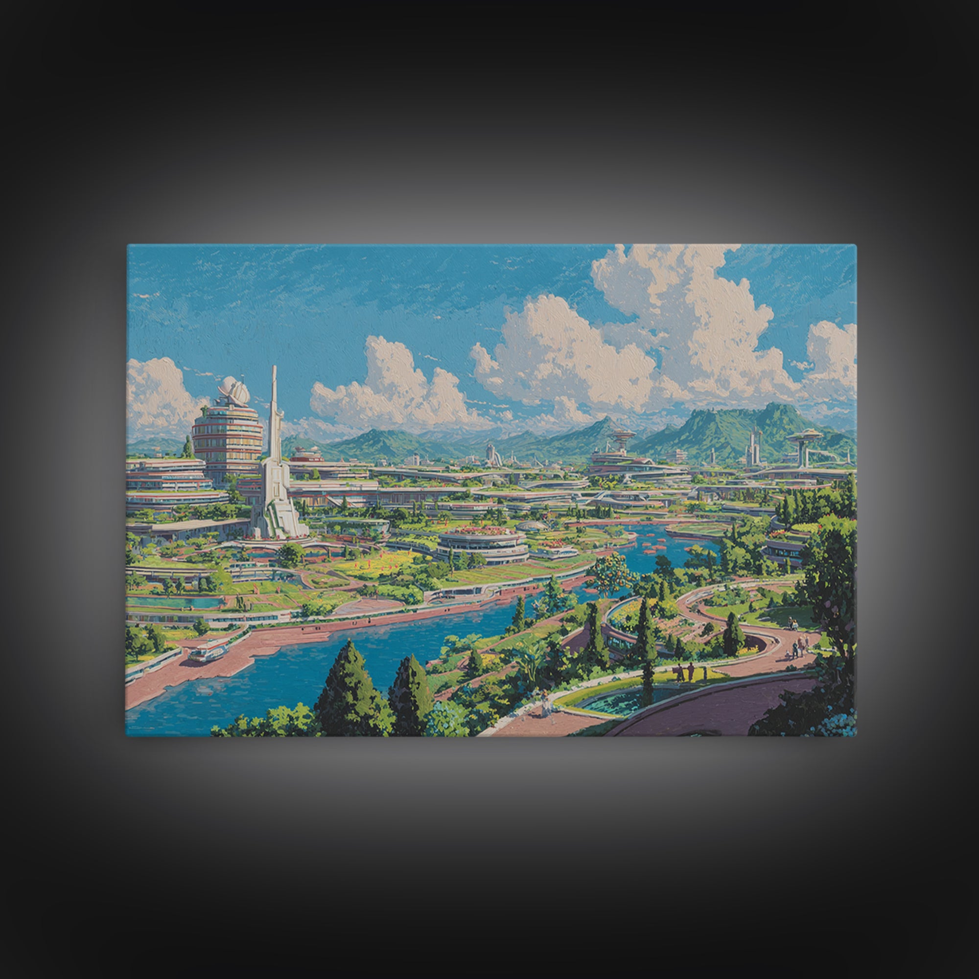 Sunny Retro Future Garden City Canvas Print, Utopian River Skyline, Mountain Landscape, Midcentury Modern Wall Decor Print