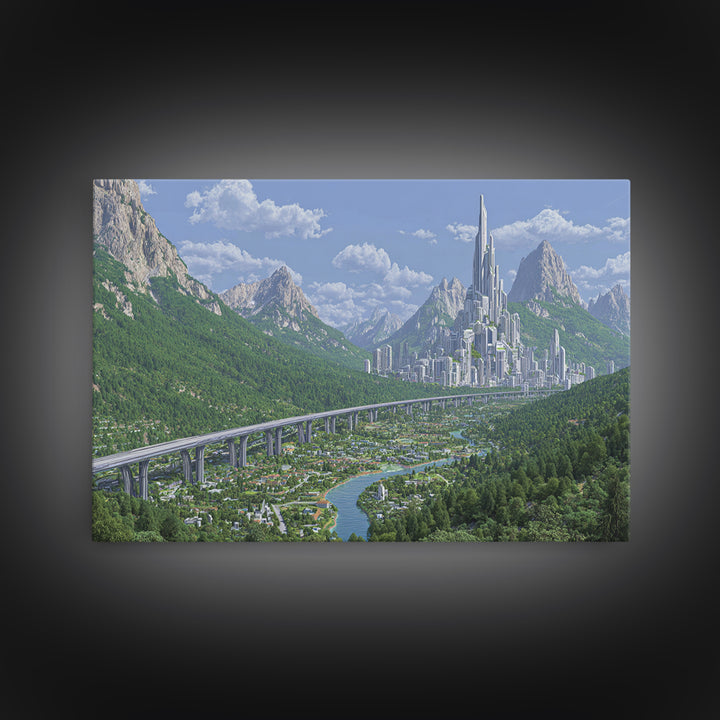Silver Alpine Megacity And Elevated Rail Wall Art, Futuristic Mountain Landscape, Modern Sci Fi Cityscape Home Decor Print